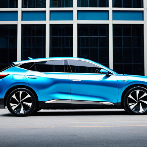 Home 6 **Prompt:** Sleek, minimalist Geely Geometry EV in a futuristic cityscape. The car is a vibrant metallic blue, showcasing its aerodynamic lines and flush door handles. The background features tall, modern buildings with neon accents, reflecting the car's modern efficiency vibe. Focus on capturing the car's distinct personality and how it blends into the futuristic setting while still standing out.