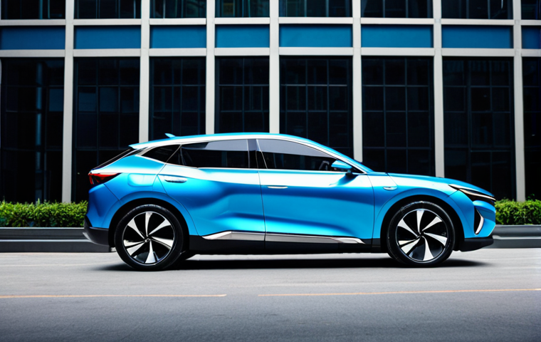 **Prompt:** Sleek, minimalist Geely Geometry EV in a futuristic cityscape. The car is a vibrant metallic blue, showcasing its aerodynamic lines and flush door handles. The background features tall, modern buildings with neon accents, reflecting the car's modern efficiency vibe. Focus on capturing the car's distinct personality and how it blends into the futuristic setting while still standing out.