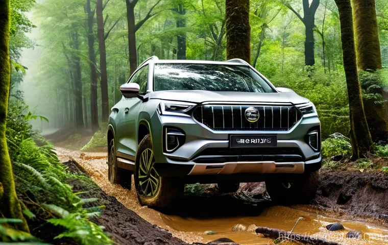 지리 Xingyue의 오프로드 성능 - **Prompt 1: Navigating a Challenging Trail**
    "A sleek, silver Geely Xingyue L confidently powers...