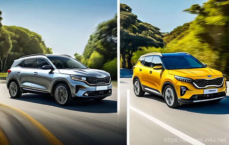 지리 콜라이더와 기아 셀토스 비교 - **Prompt 2: Kia Seltos - Comfortable Family Adventure**
    "A Kia Seltos, in a sophisticated deep b...