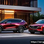 지리 Xingyue와 마쓰다 CX 5 비교 - A dynamic, high-resolution image of two SUVs parked side by side on a scenic urban street at sunset,...