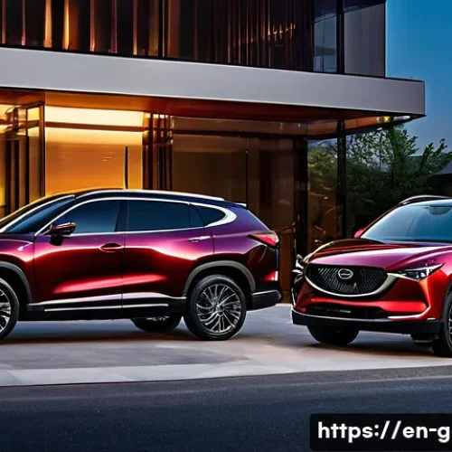 Home 32 지리 Xingyue와 마쓰다 CX 5 비교 - A dynamic, high-resolution image of two SUVs parked side by side on a scenic urban street at sunset,...