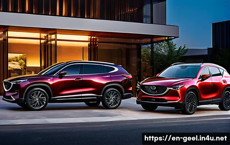 지리 Xingyue와 마쓰다 CX 5 비교 - A dynamic, high-resolution image of two SUVs parked side by side on a scenic urban street at sunset,...