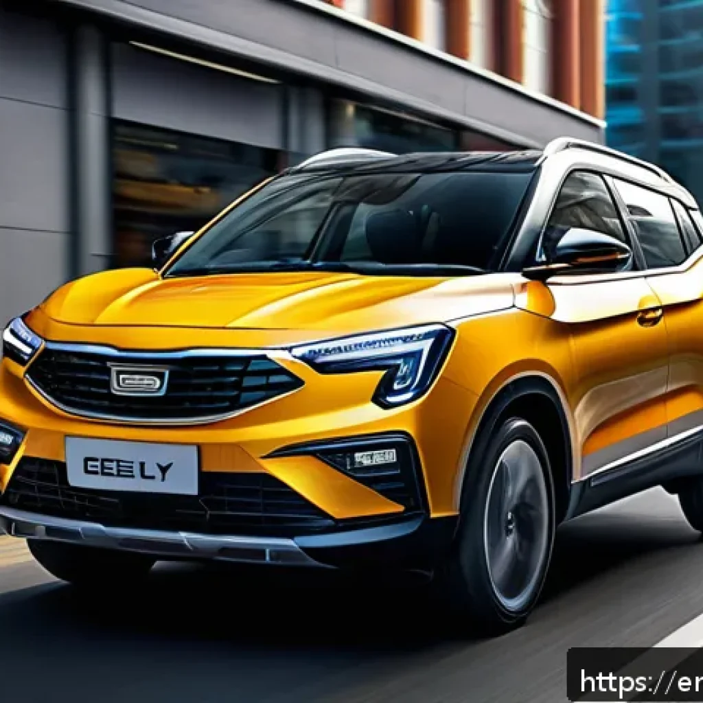 지리 콜라이더의 장기 시승기 - A sleek, modern Geely Coolray compact SUV navigating a bustling urban street during rush hour, showc...