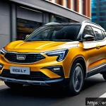 Home 19 지리 콜라이더의 장기 시승기 - A sleek, modern Geely Coolray compact SUV navigating a bustling urban street during rush hour, showc...