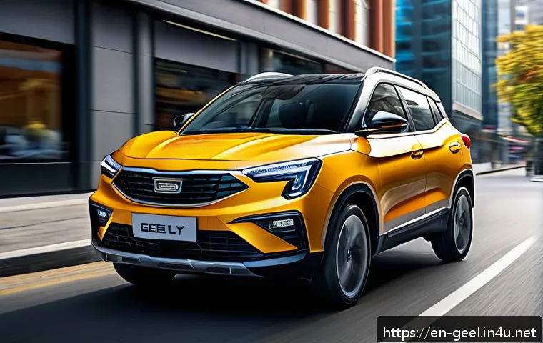 지리 콜라이더의 장기 시승기 - A sleek, modern Geely Coolray compact SUV navigating a bustling urban street during rush hour, showc...