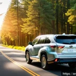 Home 18 지리 하오위에 하이브리드와 기아 쏘렌토 비교 - A sleek Toyota Highlander Hybrid driving smoothly on a scenic highway during golden hour, showcasing...