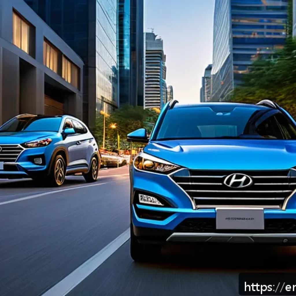 지리 Xingyue와 현대 투싼 비교 - A dynamic urban scene showcasing two compact SUVs side-by-side on a bustling city street at dusk: on...