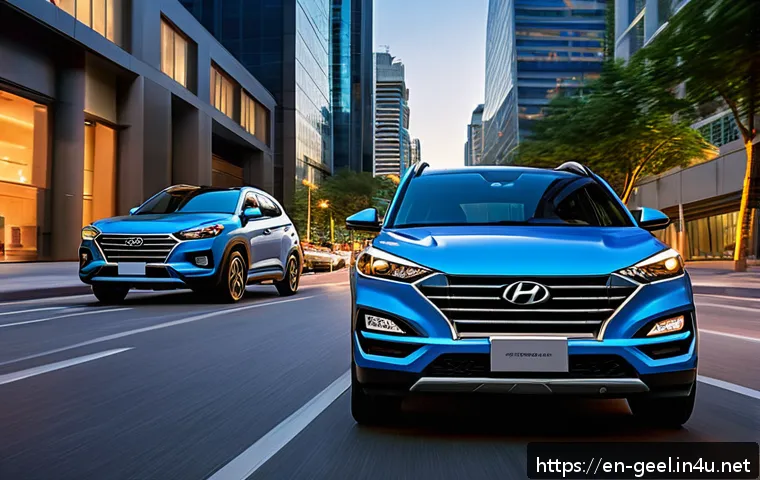 지리 Xingyue와 현대 투싼 비교 - A dynamic urban scene showcasing two compact SUVs side-by-side on a bustling city street at dusk: on...