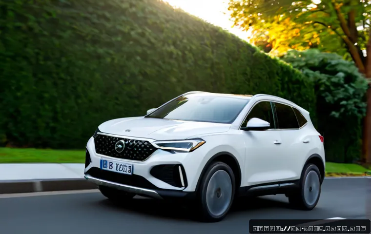 Home 17 지리 Xingyue의 승차감 테스트 - Photorealistic automotive ride comfort test, a sleek unbranded compact SUV driving smoothly over a q...