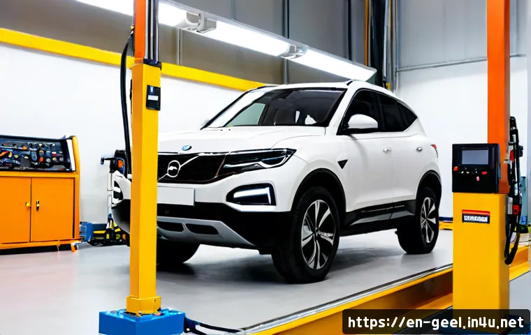 Home 17 지리 에멀그란드 EV의 배터리 교체 비용 - Photorealistic electric vehicle service workshop, a modern compact SUV raised on a hydraulic lift wi...