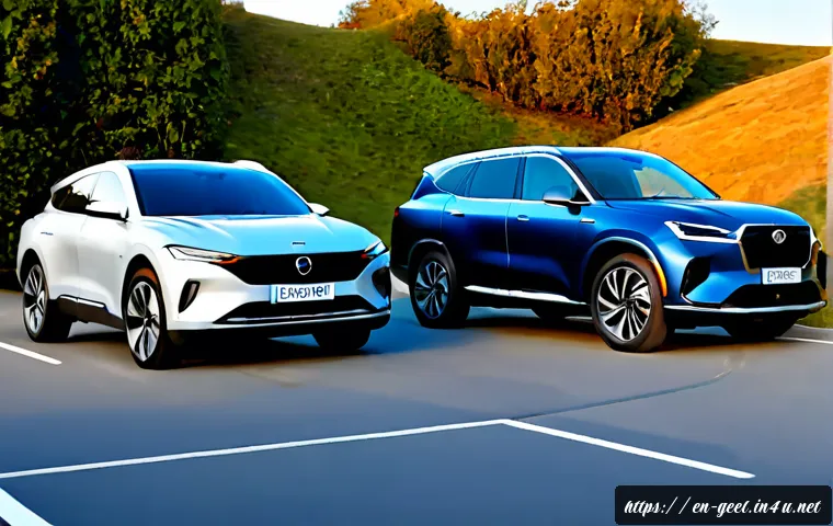 지리 에멀그란드 EV와 테슬라 모델 Y 비교 - Photorealistic automotive comparison scene, two modern midsize electric SUVs parked side by side on ...